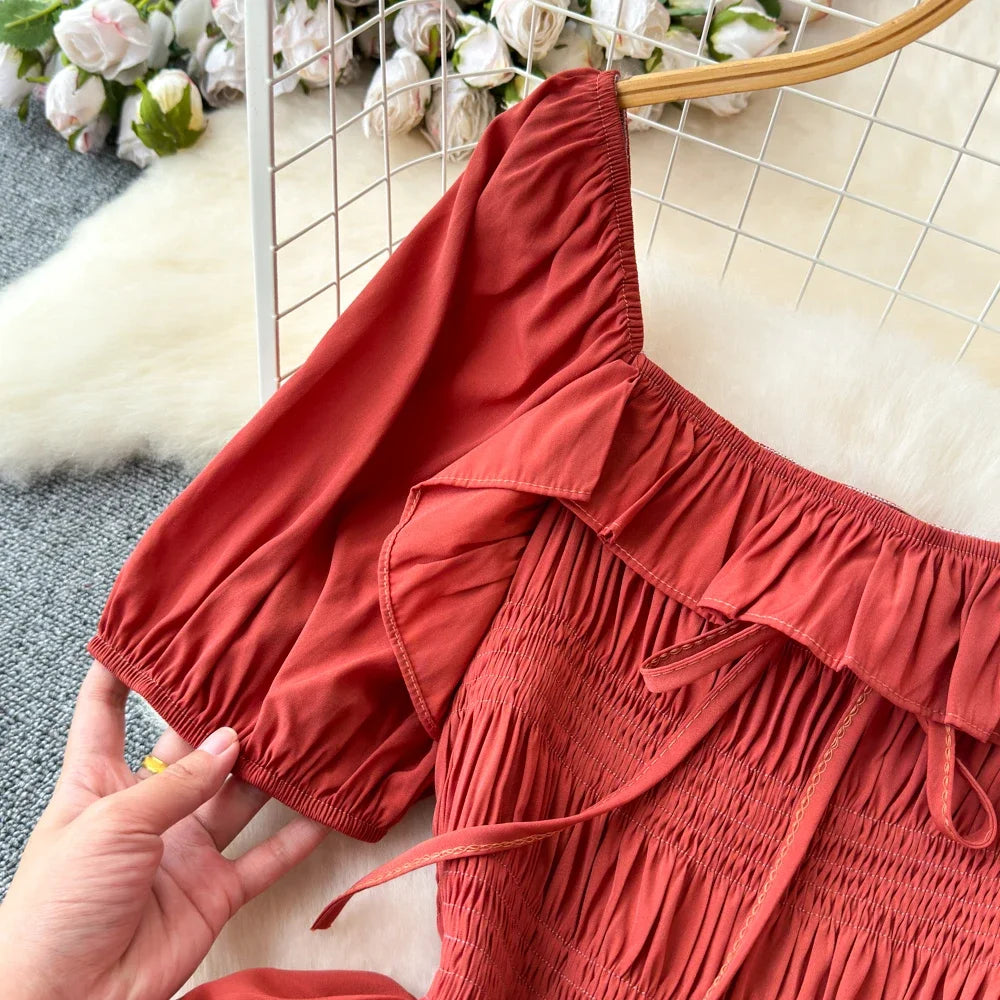 Babs Chic Elegant Square Collar Macy Dress Women Solid Short Puff Sleeve Dresses 2024 Korean Fashion Vintage Ruffle Vestidos