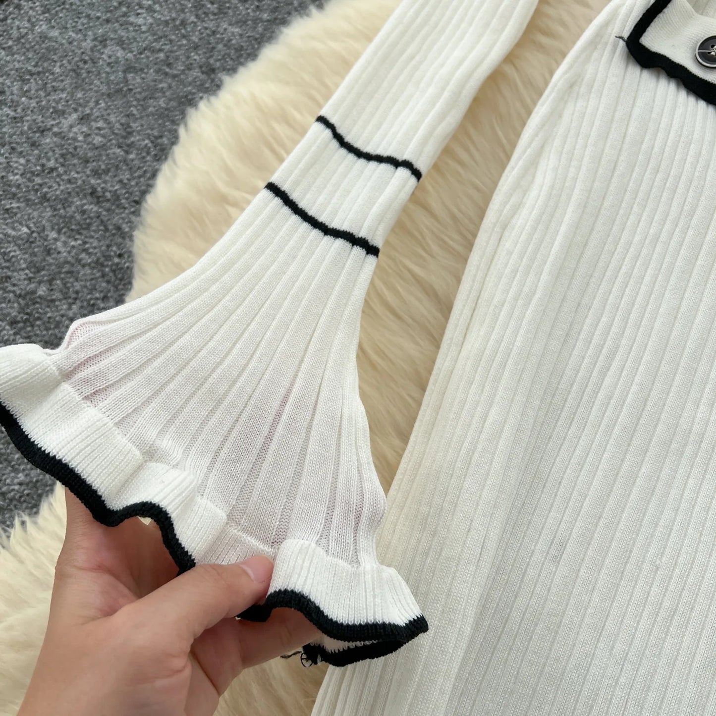 Macy French Vintage Knitted Dress Women Lapel Long Sleeved Slim Bodycon Dresses Ladies Slim Elegant Spring Autumn Long Robe Vestidos