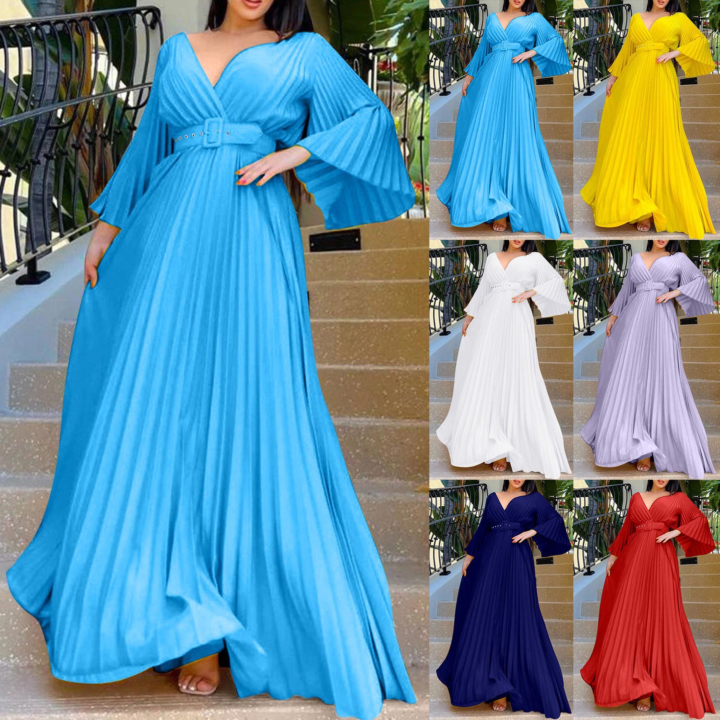 Amay Women's Dresses Plus Size Deep V Neck Flare Long Dress Evening Prom Party Dress