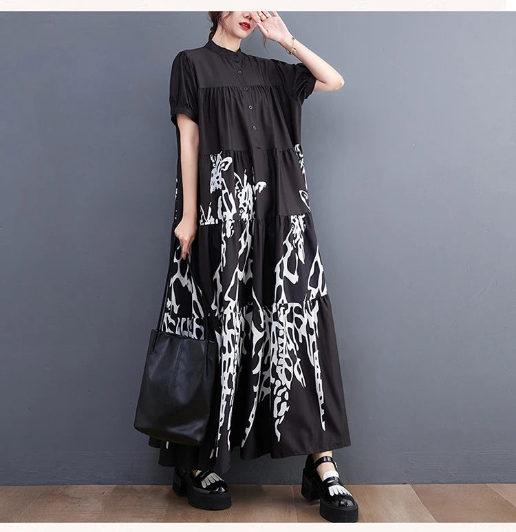 Maxy New Korean Style Woman Summer Graffiti Printed Long Black Large Shirt Dress Plus Size Loose Fit Tide Casual Robe Femme