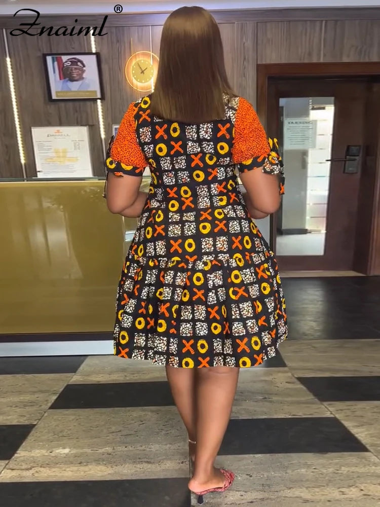 Maxy Elegant Indie Folk African Orange Mid Dresses Women A-line O-Neck Short Sleeve Loose Print Dashiki Ankara Birthday Festival Robe