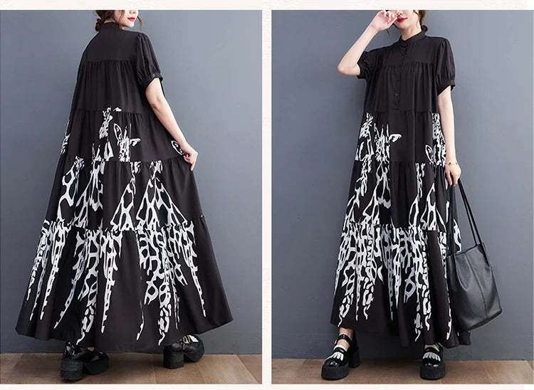 Maxy New Korean Style Woman Summer Graffiti Printed Long Black Large Shirt Dress Plus Size Loose Fit Tide Casual Robe Femme