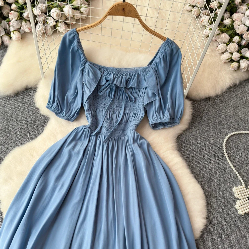 Babs Chic Elegant Square Collar Macy Dress Women Solid Short Puff Sleeve Dresses 2024 Korean Fashion Vintage Ruffle Vestidos