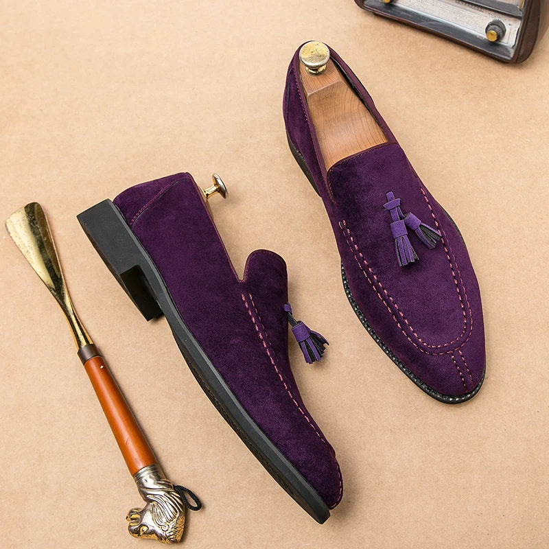 Visco Men's Loafers Brand Suede Leather Shoes Vintage Slip-on Classic Casual Men Driving Shoes Wedding Male Dress Shoes Tassel pointed