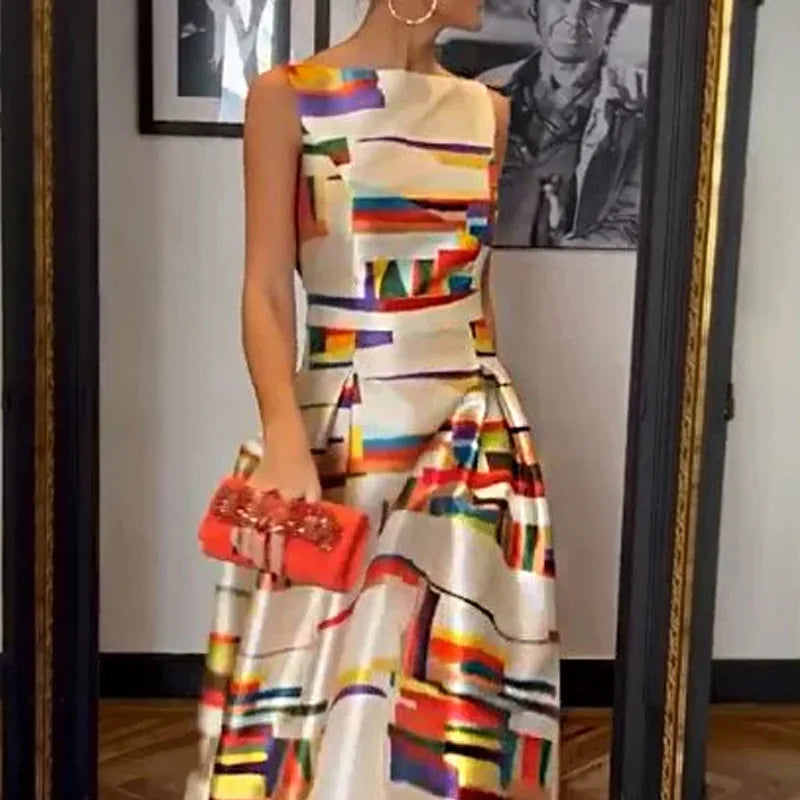 Maxy Elegant Printed O-Neck Evening Dress Sexy Hollow Sleeveless Waist Tank Dress New Casual Pleated Office Long Dress