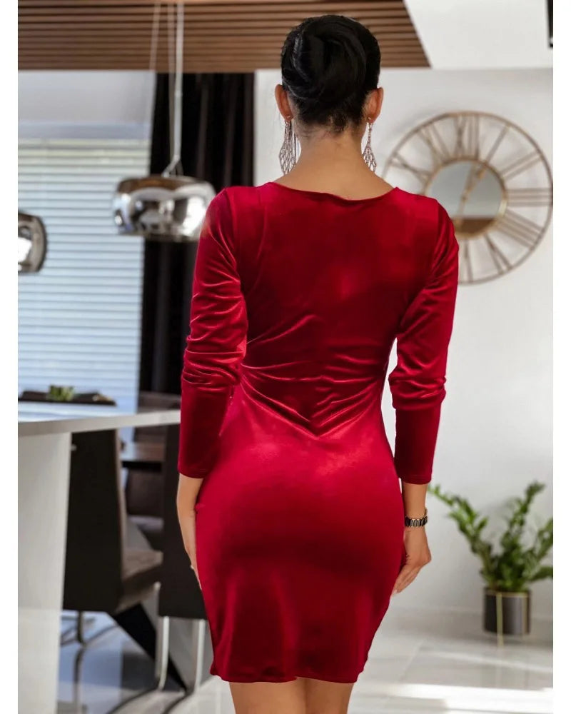 Maxy Deep V Neck Long Sleeve Rached Wrap Dress Casual Slim Cocktail Evening Dresses Red