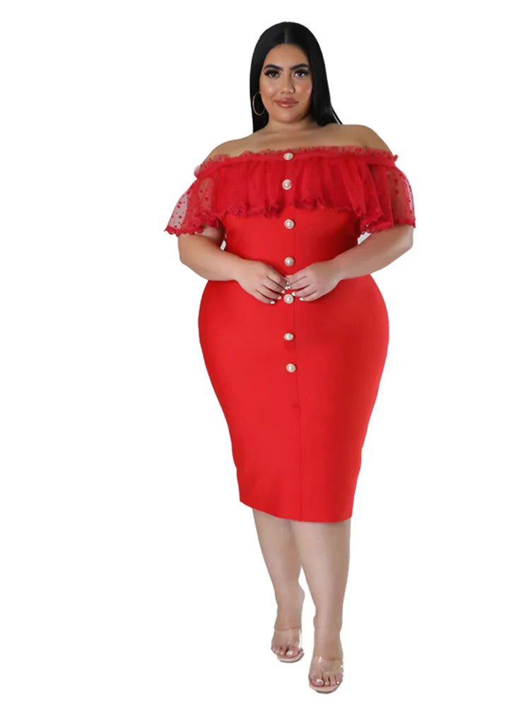 Maxy Plus Size Party Dress Women Clothing Solid Mesh Patchwork Off Shoulder Dress Fashion Outfits