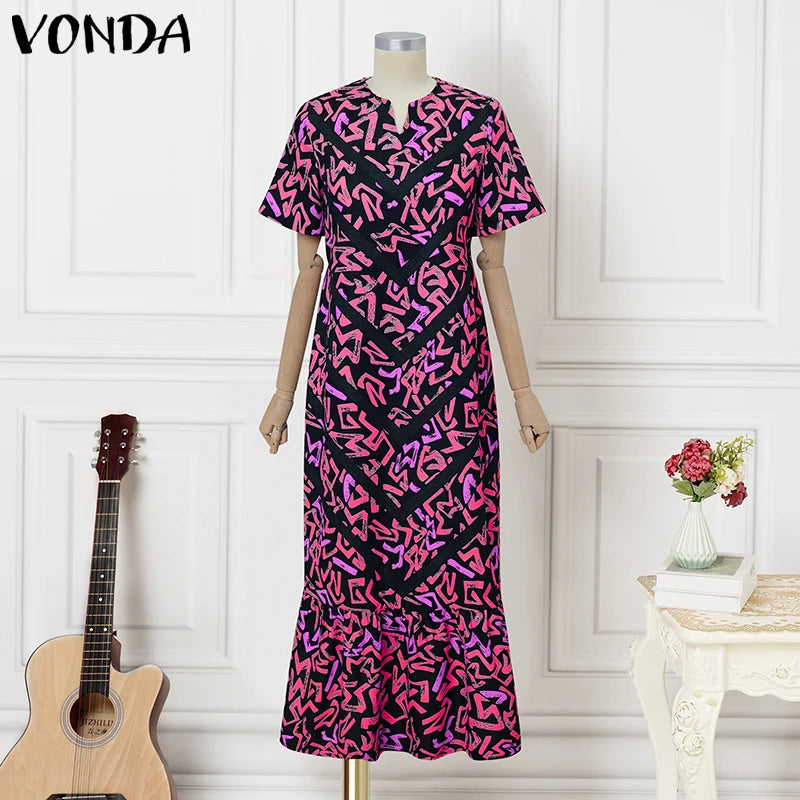 Maxy Summer Vintage Bohemian Dress Women Short Sleeve Printed Party Vestidos Casual Ruffled Long Robe V-Neck Vestidos