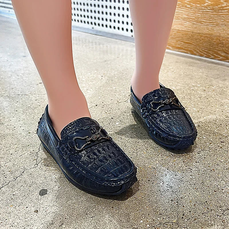 Visco Boys Leather Shoes Round-toe Flat Soft Kids Fashion Casual Loafers Glossy Metal Buckle Children Moccasins Non-slip Britain Style