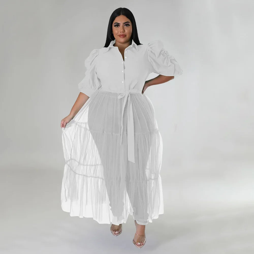 Babs Elegant Plus Size Women Big Swing Shirt Dress Sexy Mesh Patchwork Long Sleeve Single Breasted with Sashes Casual Dresses