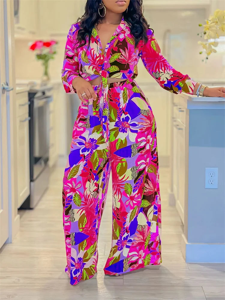 Maxy Two Piece Set Women's Clothing Pants Sets Print Button V Neck Top Wide Leg Pants Matching Summer gress