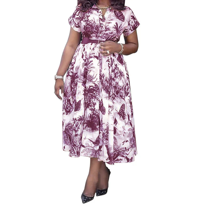 Amay Women Elegant Printed Party Dress Turn Down Collar Short Sleeve Pleated A-Line With Belt African Office Work Wear Plus Size 5XL