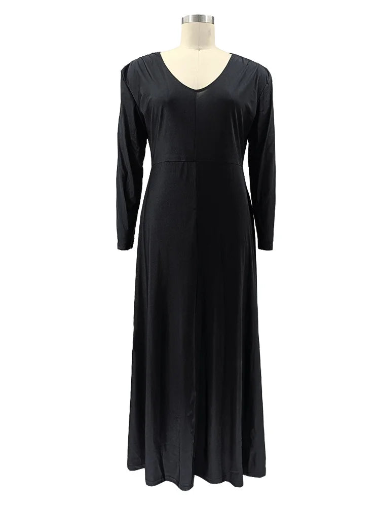 Maxy Plus Size Party Dresses Women Clothing 2024 V Neck Long Sleeve Solid Loose Elegant Maxy Dresses