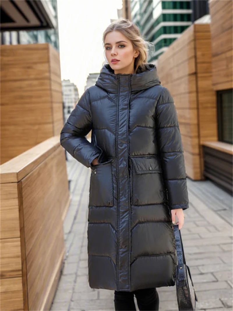 Momsey 2024 New Thicken Snow Parkas Fashion Windproof Glossy Down Cotton Hooded Women Jacket Winter Loose Long Coat Ladies Outwear