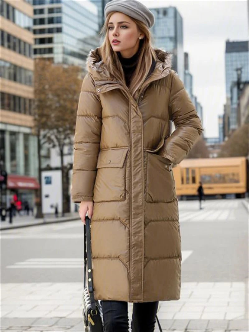 Momsey 2024 New Thicken Snow Parkas Fashion Windproof Glossy Down Cotton Hooded Women Jacket Winter Loose Long Coat Ladies Outwear