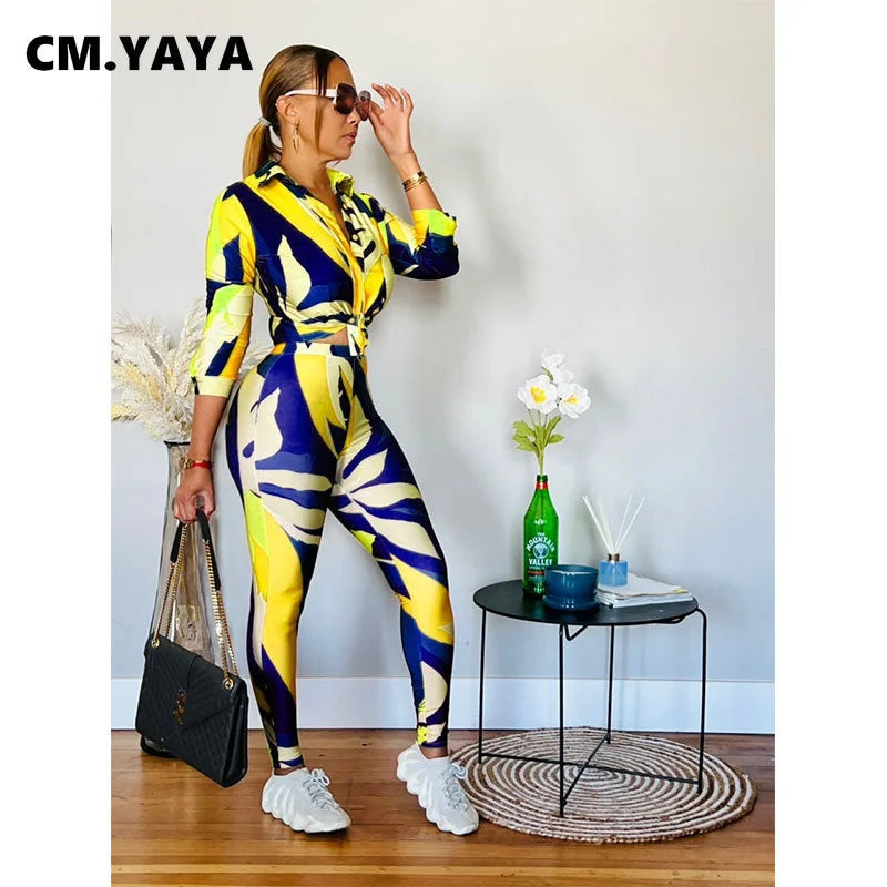 Maxy Streetwear Leaf Printed Women Legging Pants Suit and Long Sleeve Shirt Fashion Casual Two 2 Piece Set Outfits Tracksuit