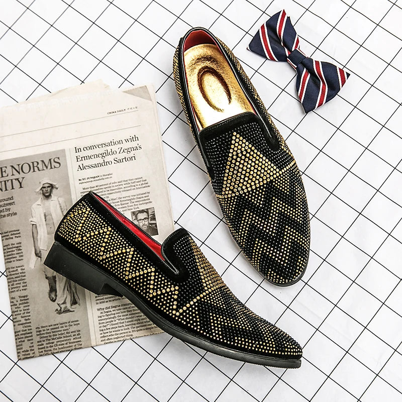 Maxy Fashion Italian handmade rhinestone leather shoes men's casual foot set slip-on leather hair stylist bean shoes fashion