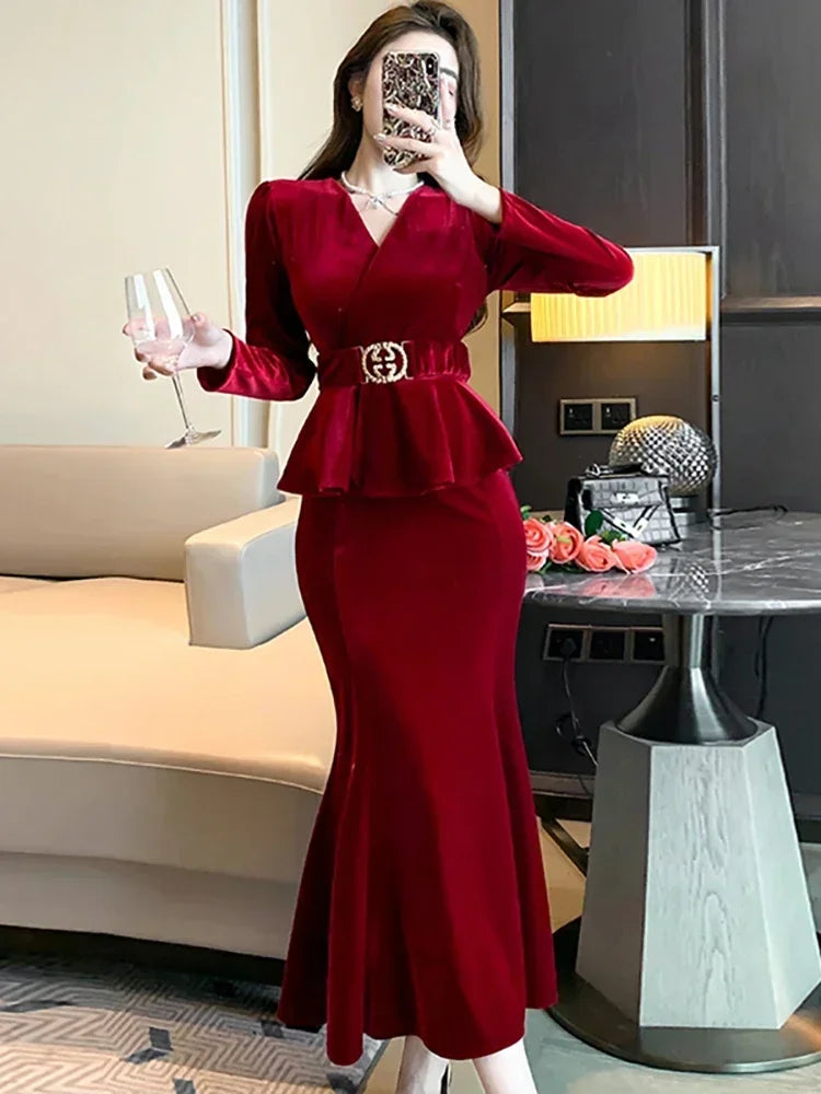 Babs Winter Red Velvet Chic Ruffled Bandage Long Dress Women Elegant Luxury Festival Dress Gown Korean Elegant Prom Dress