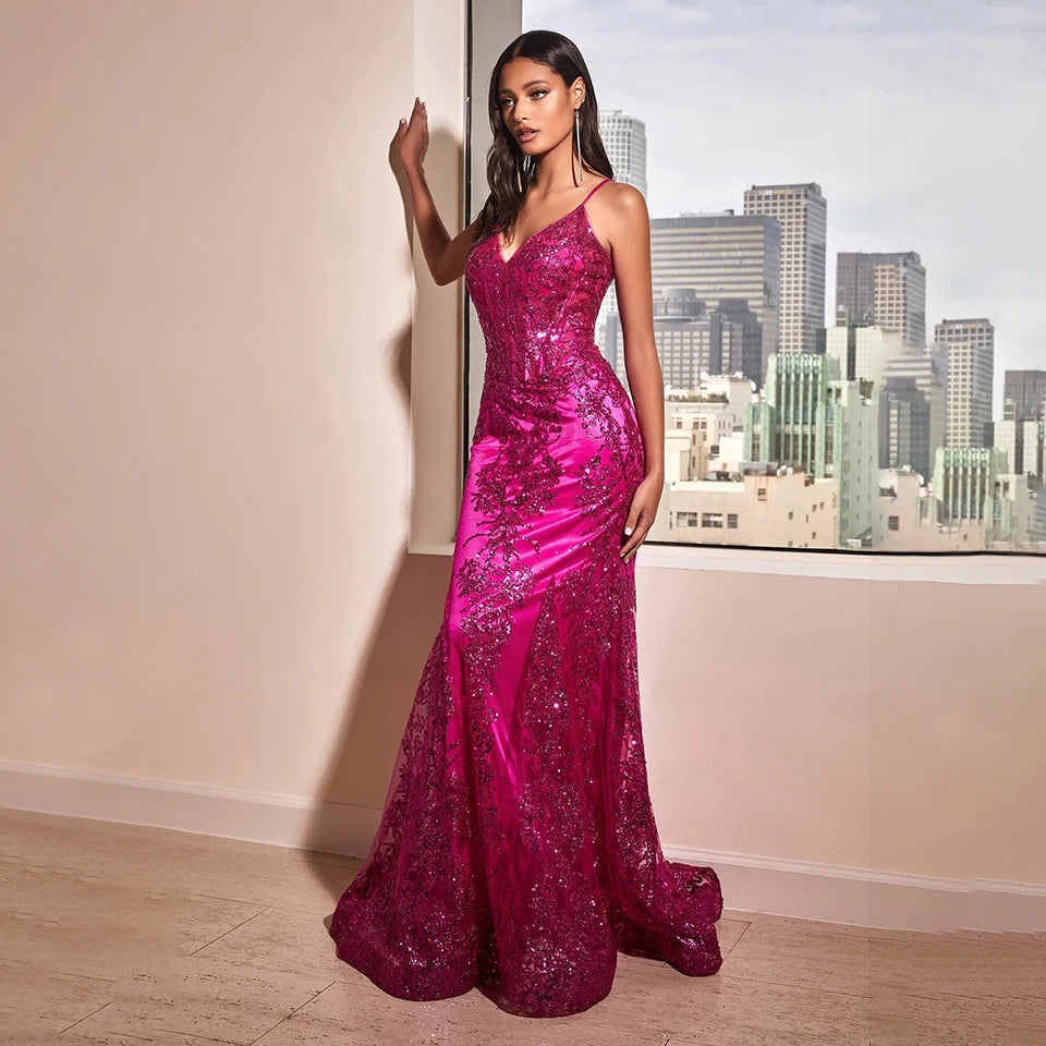 Sexy Lace Embroidery Glitter Sequined Mermaid Prom Dress 2023 Luxury Spaghetti Straps Formal Party Long Evening Gowns For Women