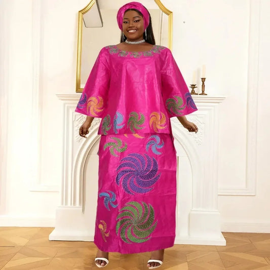 Amay With Headscarf Plus Size African Clothes for Women Dashiki Ankara Evening Gown Outfit Wedding Party Top Skirt Matching Sets