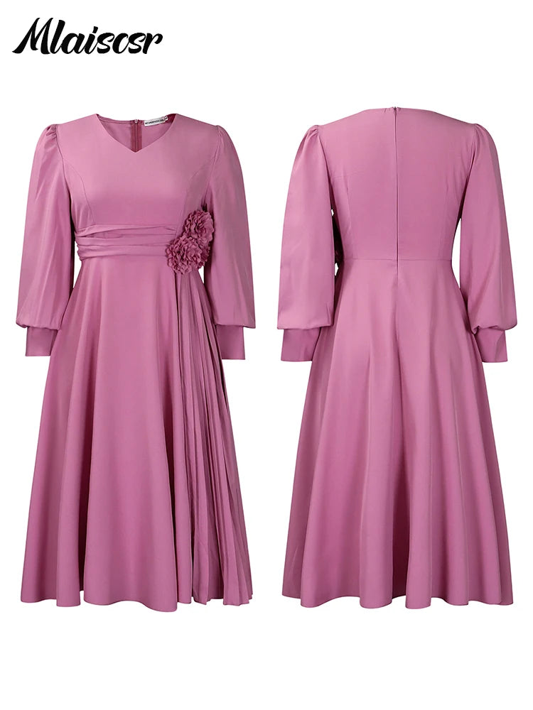 Maxy Elegant Pink A Line Loose Mid Dress for Women V Neck 3D Flower Design Puff Sleeve Office Evening Birthday dress