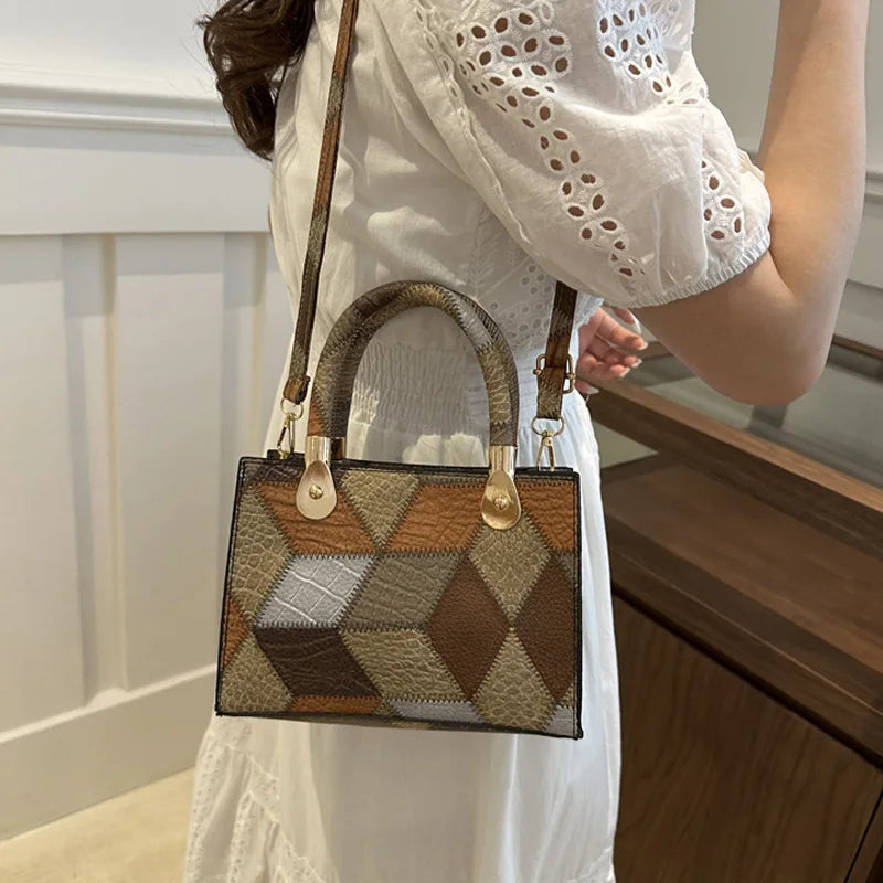 Maxy Fashion Patchwork Leather PU Top-handle Bags For Women, Square Design Ladies Handbags Crossbody Shoulder Bags For Daily Used