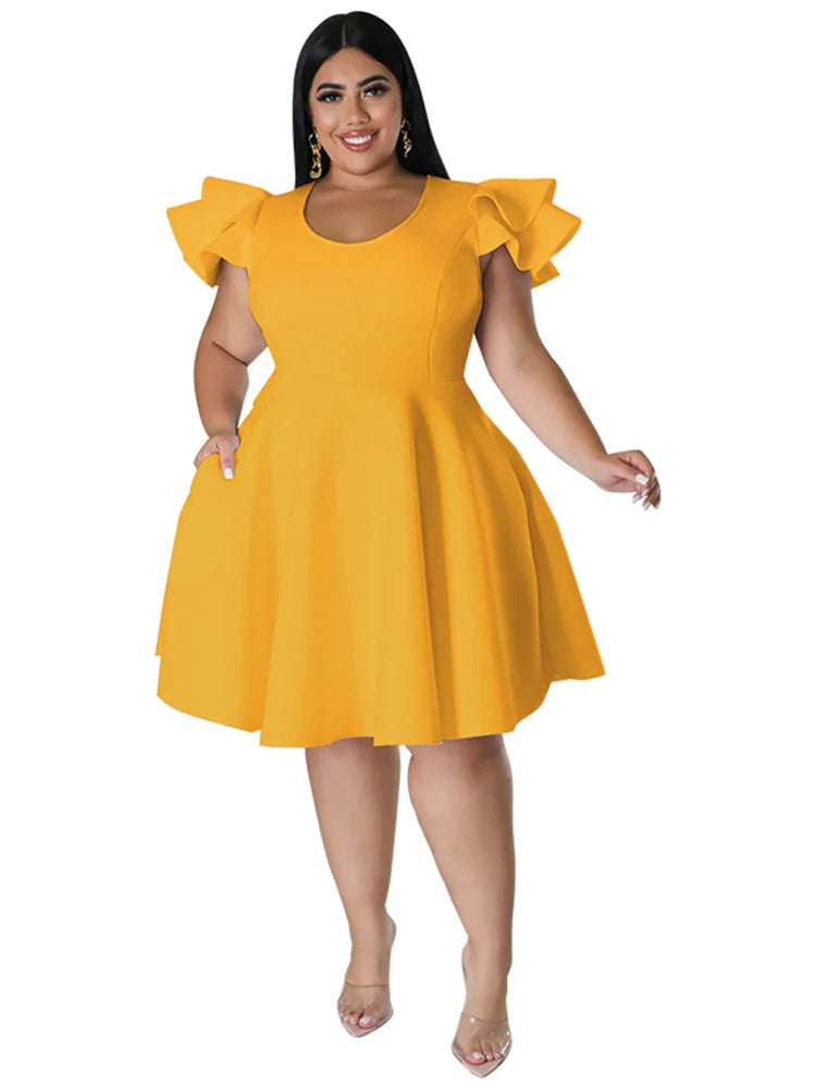 Maxy Plus Size Dresses for Women Elegant Party Solid Ruffles Sleeve Big Hem Midi Dress Hot Sale New dresses