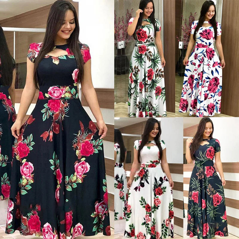 Babs Elegant Spring Women's Dress Casual Fashion Floral Print Short Sleeve Super Long Dress New Fashion Hollow Out Long Dresses