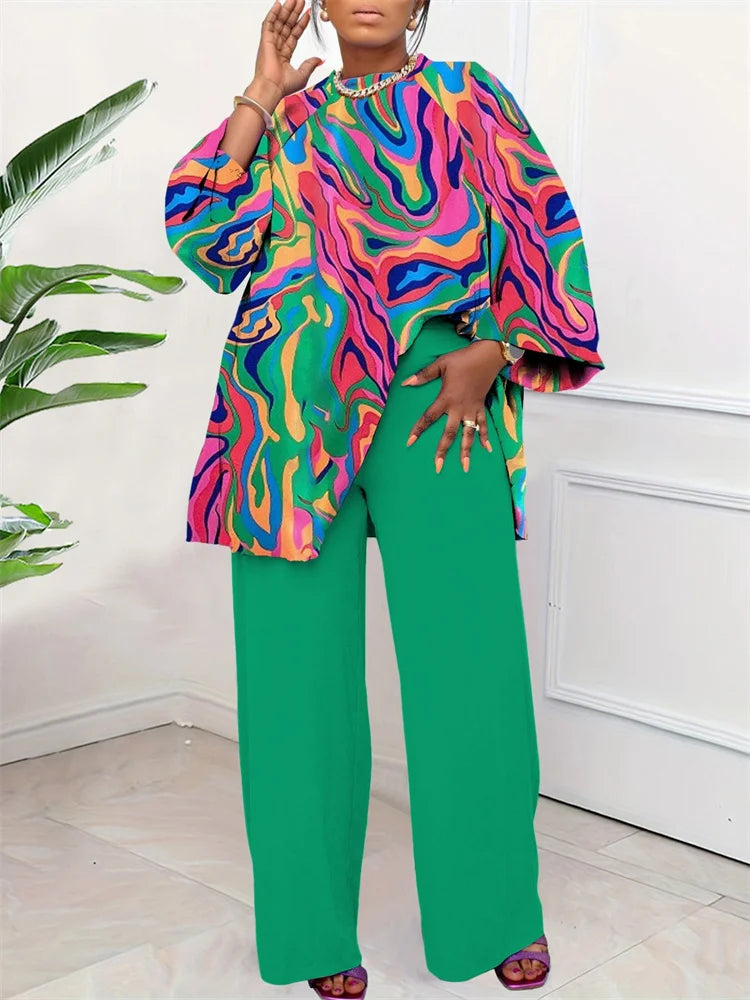 Maxy Plus Size Two Piece Sets Women Clothing Printed Long Sleeve Tops Solid Pants Wid Leg Matching Suits.