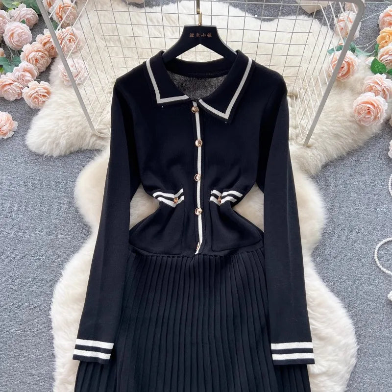 Maxy Simple Temperament Dress 2024 Autumn Winter Classic Striped Color Blocking Waist Cinching Slimming Lapel Knitted