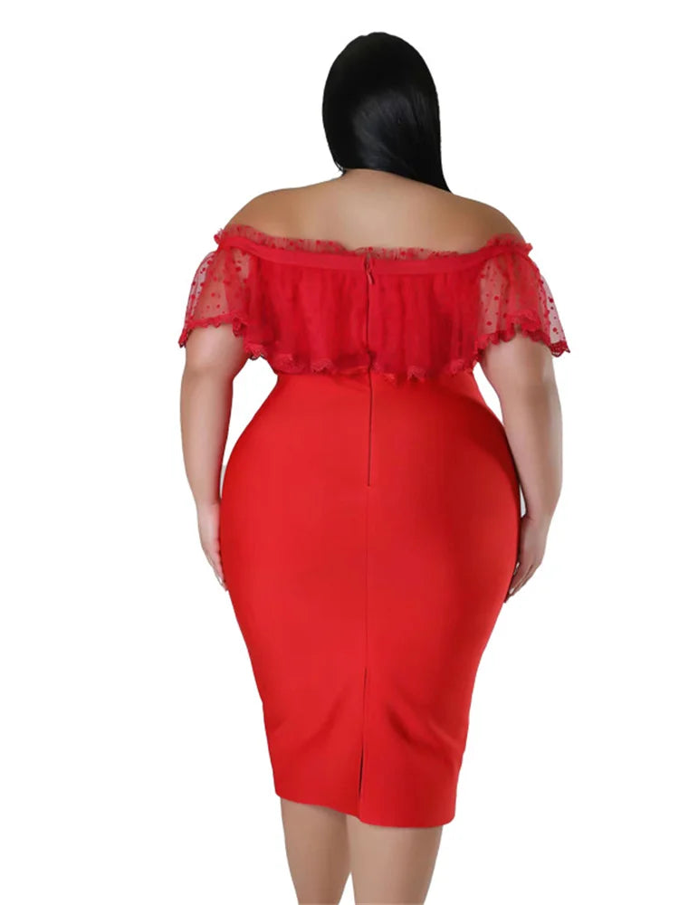 Maxy Plus Size Party Dress Women Clothing Solid Mesh Patchwork Off Shoulder Dress Fashion Outfits