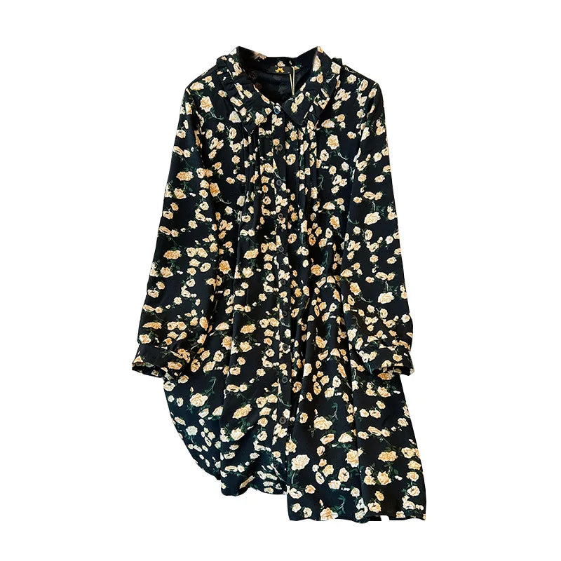 Momsey150Kg Plus size Women's Bust 150 Spring Autumn New Loose Long-Sleeved Lapel Floral Shirt-Dress Black 5XL 6XL 7XL 8XL 9XL