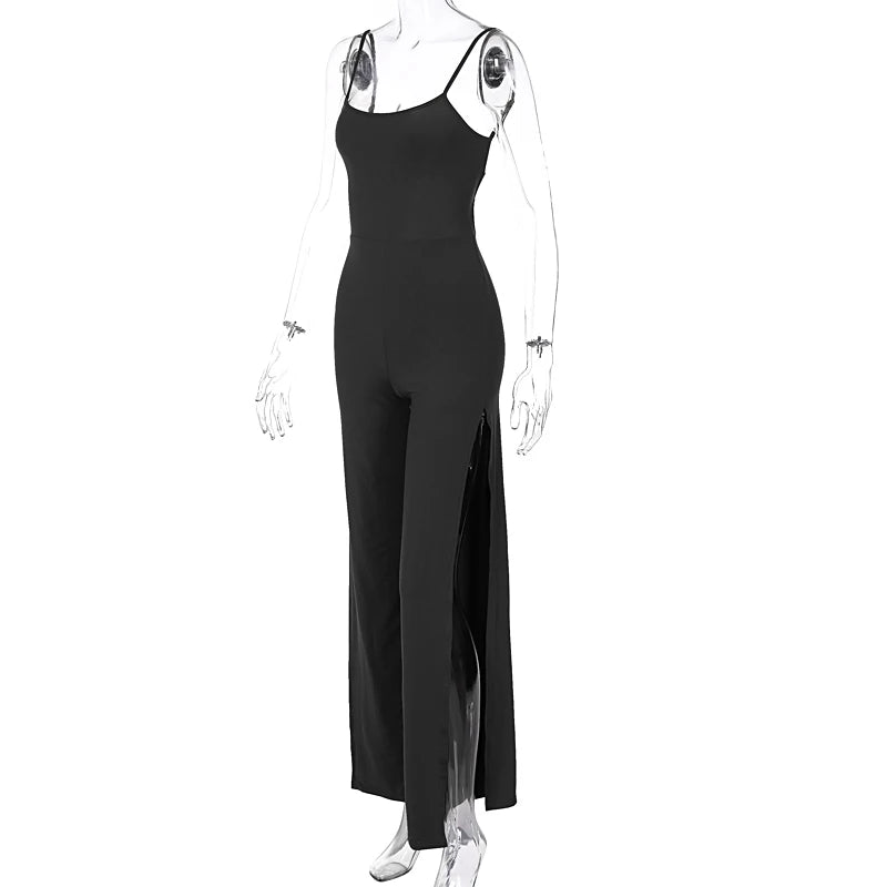 Maxy Summer Women Sexy Y2K Lace Up Backless Strap Rompers Slit Wide Leg Jumpsuit Outfits Vacation Streetwear Overalls