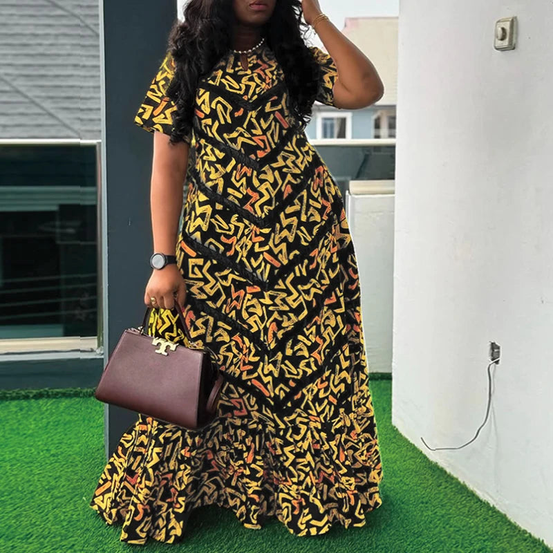 Maxy Summer Vintage Bohemian Dress Women Short Sleeve Printed Party Vestidos Casual Ruffled Long Robe V-Neck Vestidos
