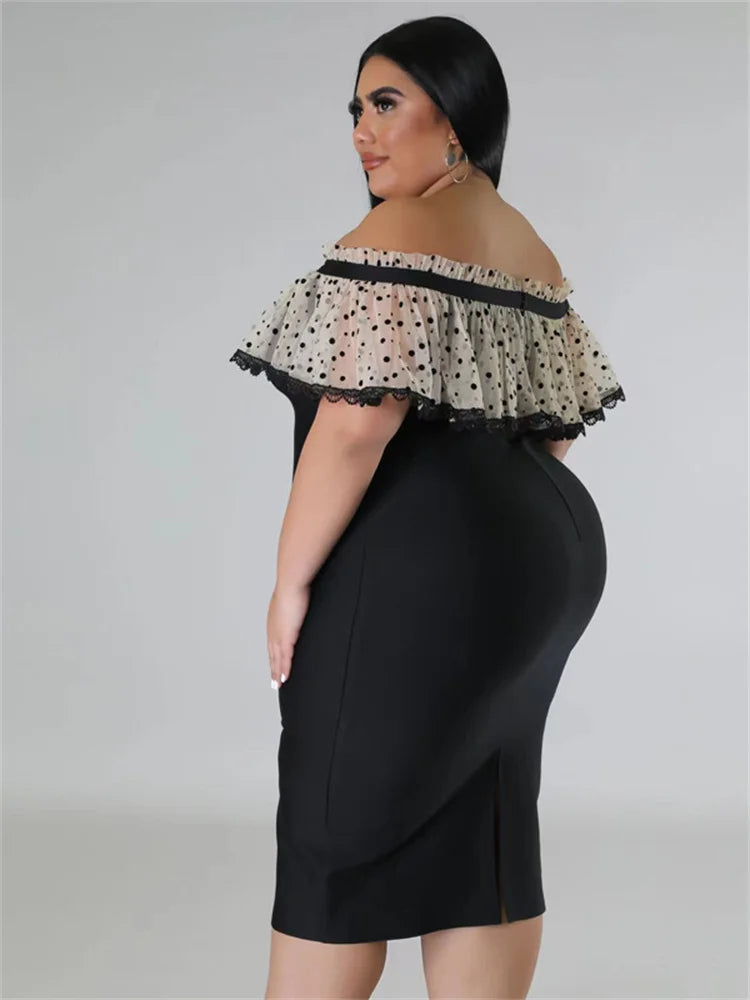 Maxy Plus Size Party Dress Women Clothing Solid Mesh Patchwork Off Shoulder Dress Fashion Outfits