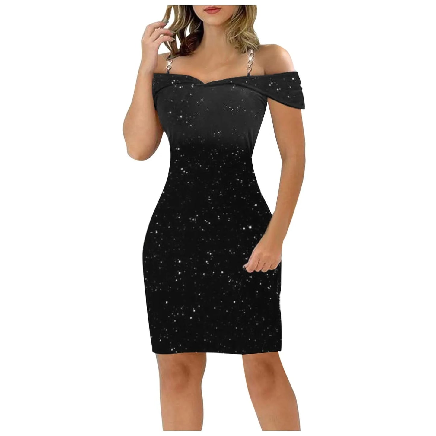 Women Off Shoulder Sexy Party Dress V Neck Slim Tight Fashion Shiny Dress Short Sleeve Chain Strap Dresses Elegant Ladies Robe