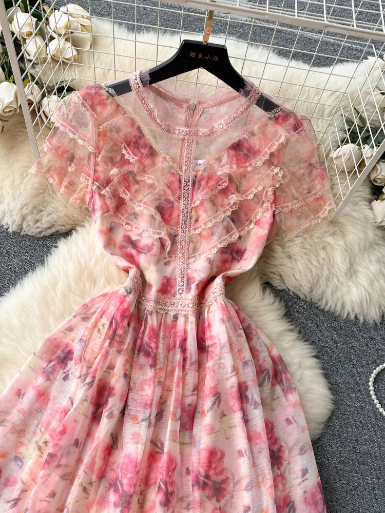 Summer Mesh Printed Dress Women Elegant Ruffle Edge Vintage High Waist Pink Party Dresses Ladies Slim A-line Floral Long Robe