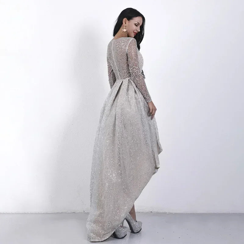 Macy Gorgeous Elegant Perspective Long Sleeve Crewneck Lace Sequins Party Dinner Wedding Lady Small Tail Dress