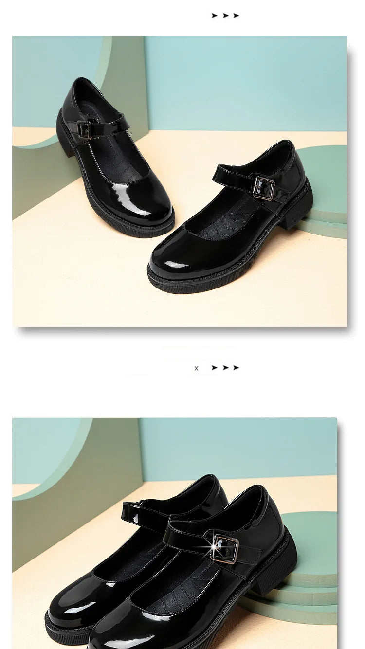 Maxy 3.5cm Breathable Shallow Mouth Bright Leather Shoes Women Mary Janes 2025 Fall Med Square Heels Sheos Black for Office Mom