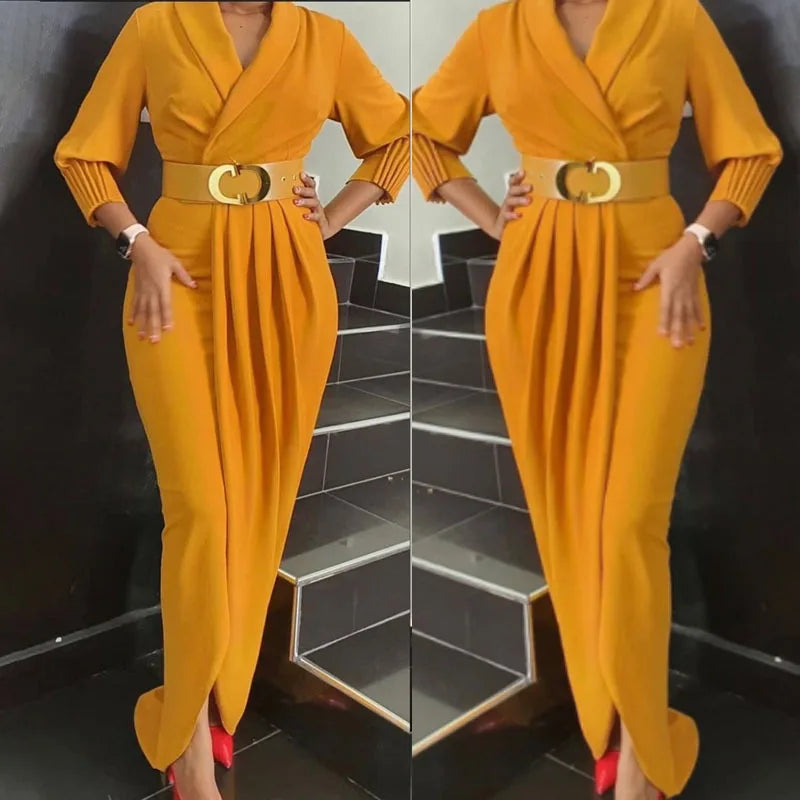 Maxy Elegant Office Ladies Dresses Women Fall Clothes Plus Size Long Sleeve Slim 3XL Dresses With Belt