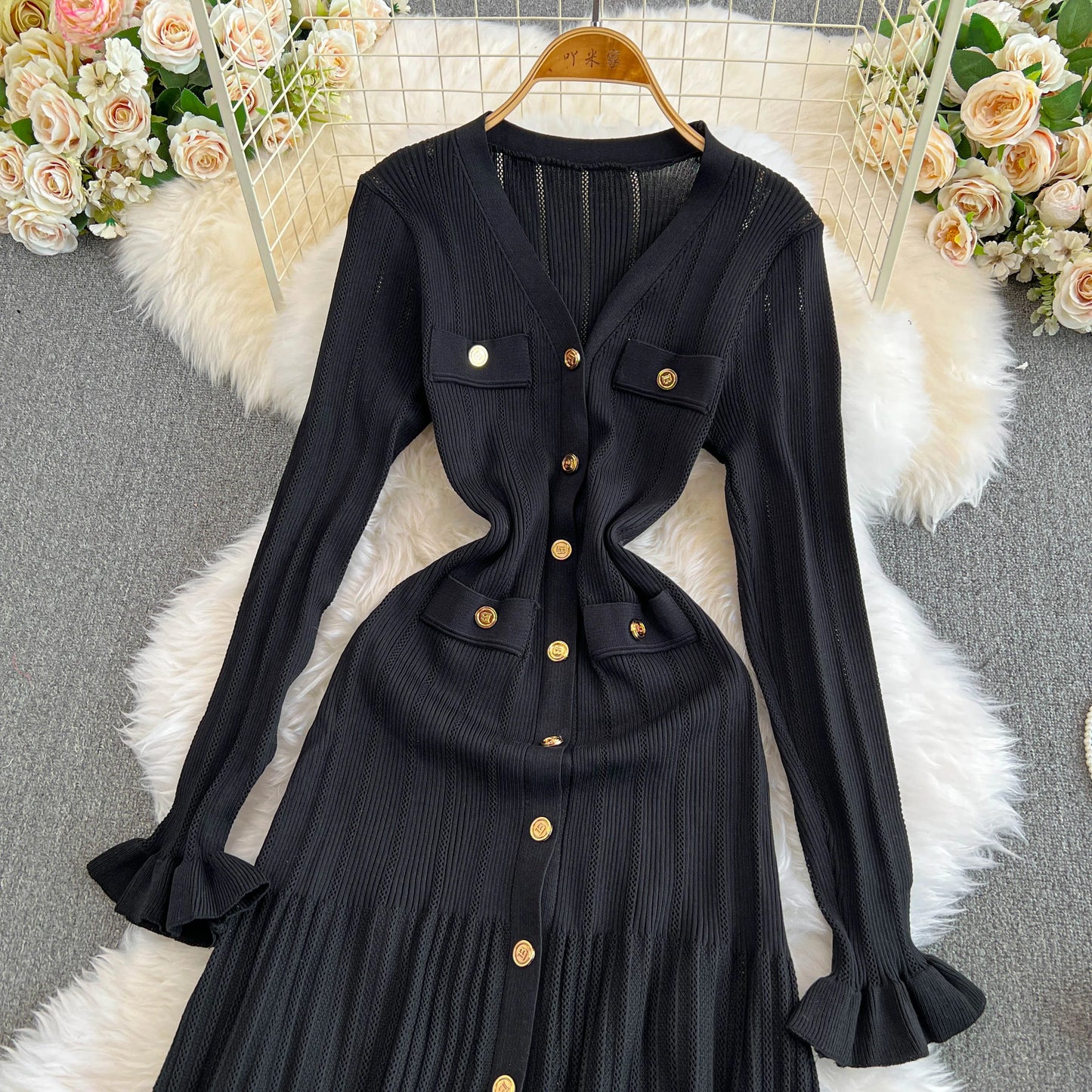 Women Casual Elegant Office Dress Winter New Style with Black Fungus Edge Single Breasted Fish Tail Knitt High Waist Slim Dress