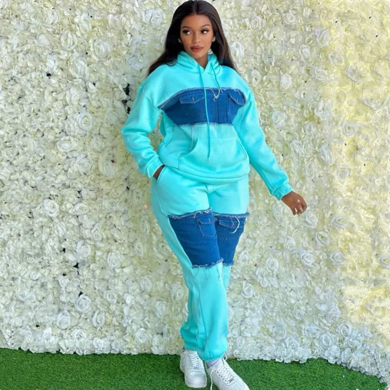 Maxy Fashion 2 Piece Women Set Thick Warm Long Sleeve Denim Patchwork Top And Pants Suit Streetwear