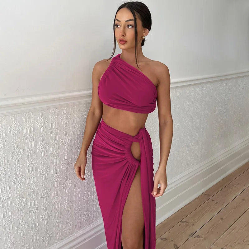 Maxy Hollow Out Sexy Two-Piece Set Women One Shoulder Crop Top and Skirt Matching Sets Femme Bodycon Skirt Sets