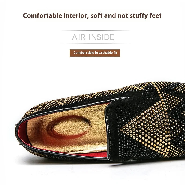 Maxy Fashion Italian handmade rhinestone leather shoes men's casual foot set slip-on leather hair stylist bean shoes fashion