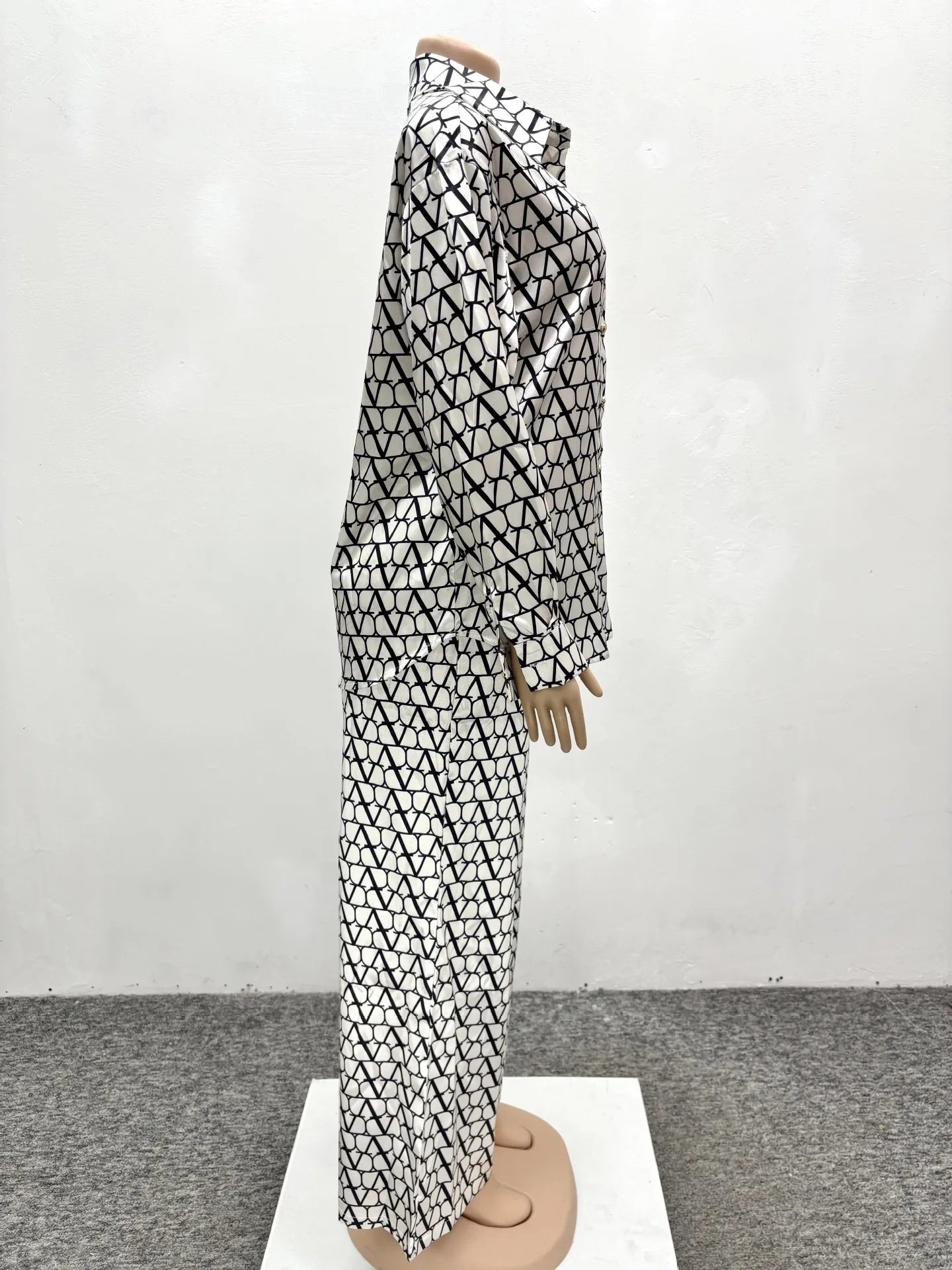 Maxy Print 2 Piece Sets Women Hipster Lapel Full Sleeve Oversized Blouse and Wide Leg Pants Matching Y2K Streetwear