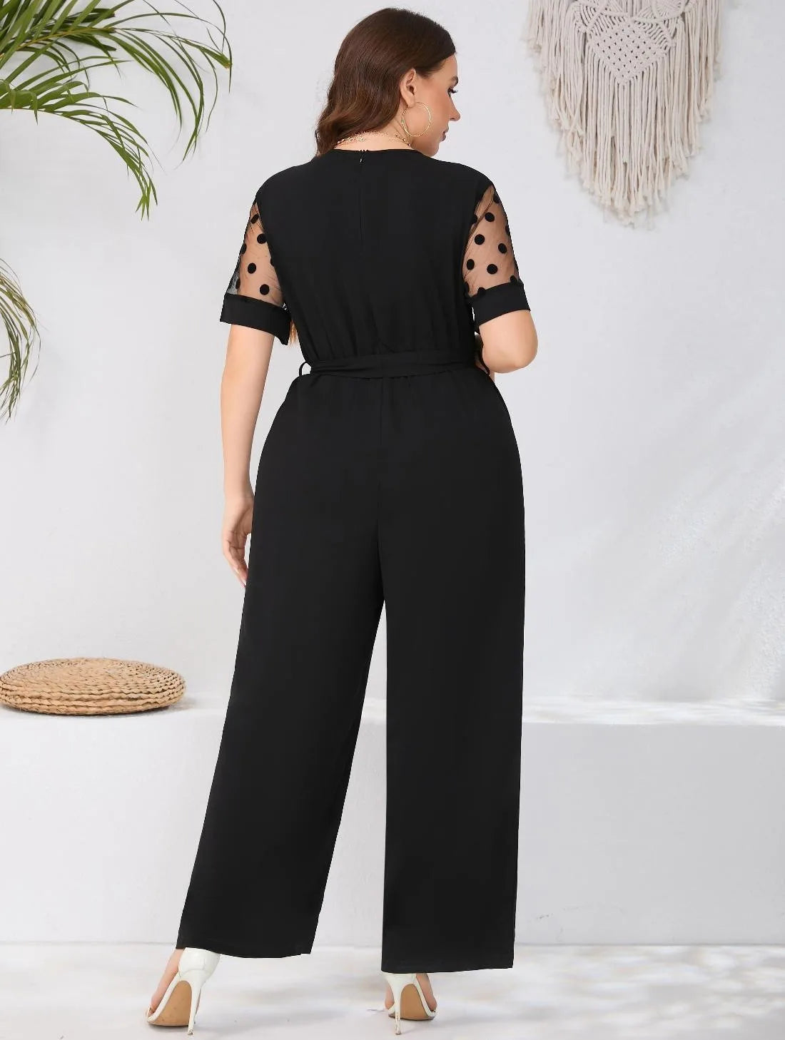 Macy Plus Size Dot Mesh Short Sleeve Belted Jumpsuit Women Summer V-neck Black Elegant Office Ladies High Waist Jumpsuits