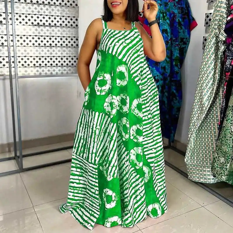 Maxy Plus Size 5XL VONDA Bohemian Printed Maxy Dress Summer Sleeveless Party Beach Sundress Tank Long Casual Loose Robe