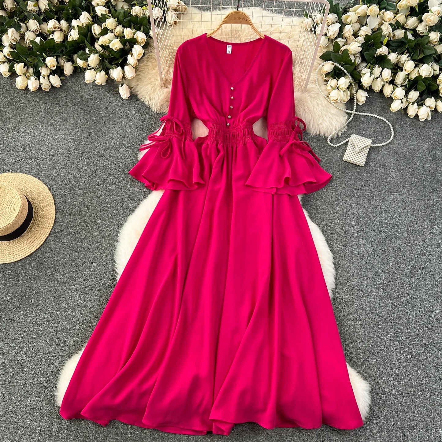 Maxy Purple/Green/Red Pleated Maxy Long Dress Women Vintage V-Neck Flare Sleeve Draped Ruffle Female Maxy Robe Summer