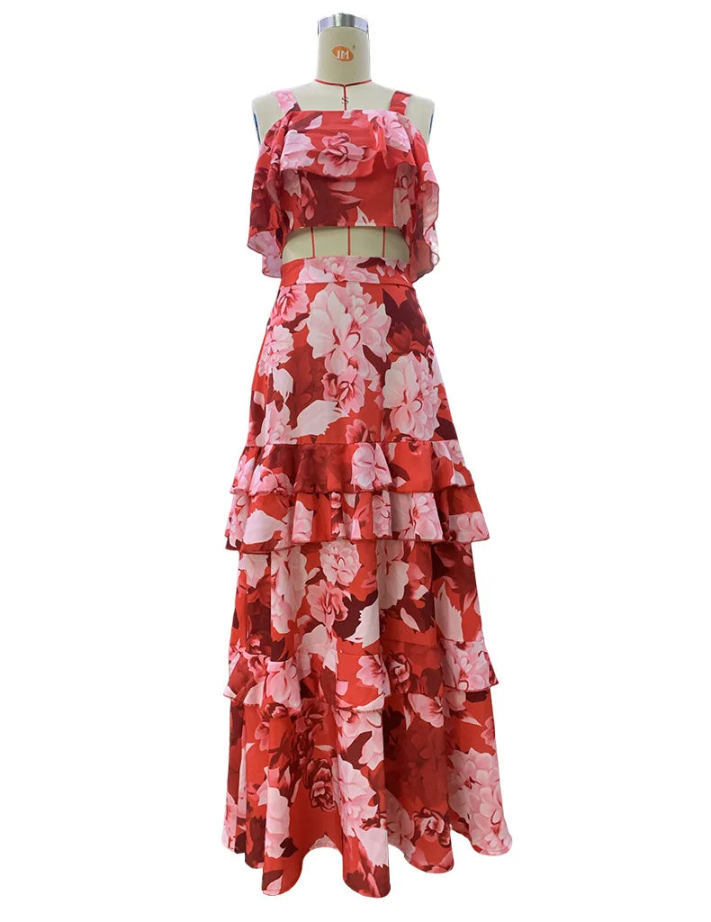 Maxy 2 Piece Set Women Stylish Floral Elegant Printed Sleeveless Short Top+Loose High Waist Pleated Long Skirt Sets