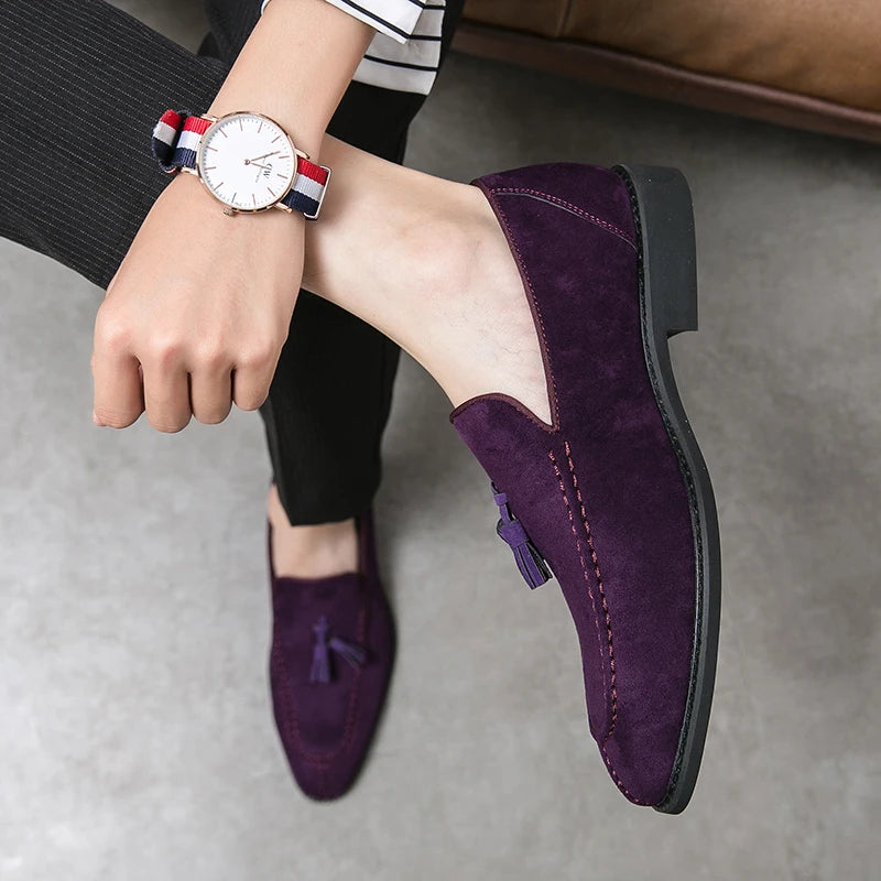 Visco Men's Loafers Brand Suede Leather Shoes Vintage Slip-on Classic Casual Men Driving Shoes Wedding Male Dress Shoes Tassel pointed